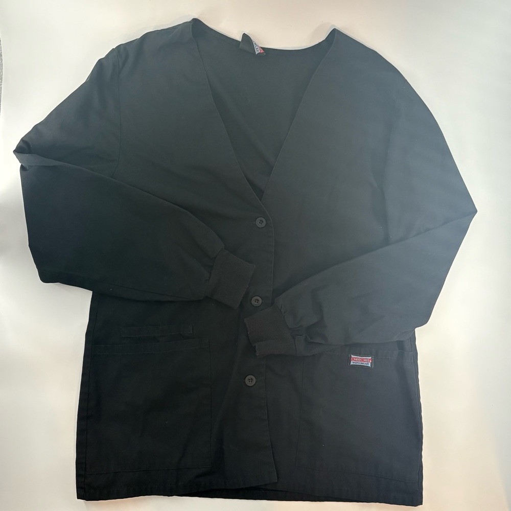 Cherokee Workwear Black Button-Up Scrub Jacket Long Sleeve Nurse Uniform